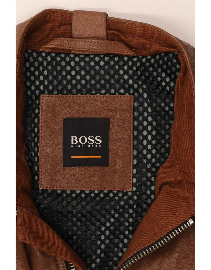 Hugo Boss Mens Leather Biker Jacket UK 36 Small Brown