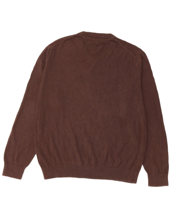 Tommy Hilfiger Mens V-Neck Jumper Sweater Large Brown Cotton
