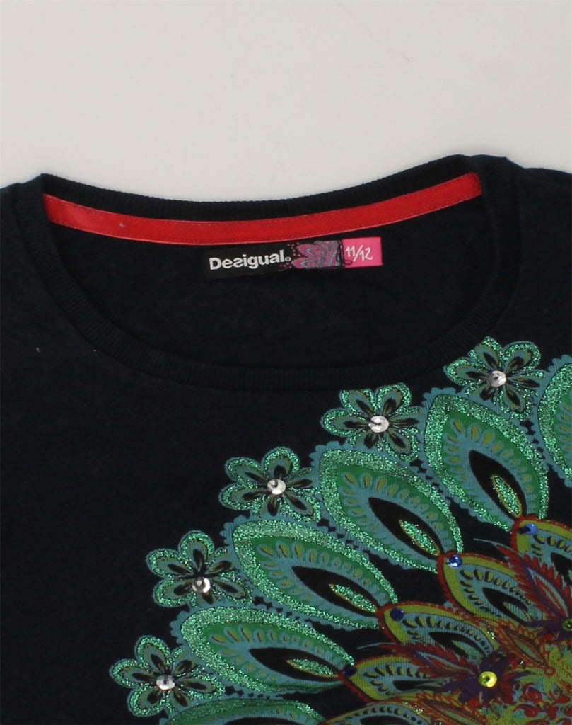 DESIGUAL Girls Graphic Top Long Sleeve 11-12 Years Navy Blue Paisley | Vintage Desigual | Thrift | Second-Hand Desigual | Used Clothing | Messina Hembry 