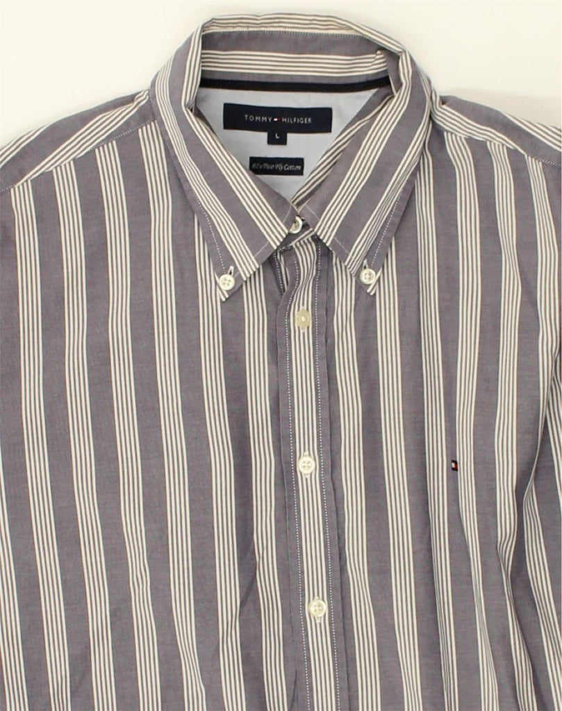 TOMMY HILFIGER Mens Shirt Large Grey Striped Cotton | Vintage Tommy Hilfiger | Thrift | Second-Hand Tommy Hilfiger | Used Clothing | Messina Hembry 