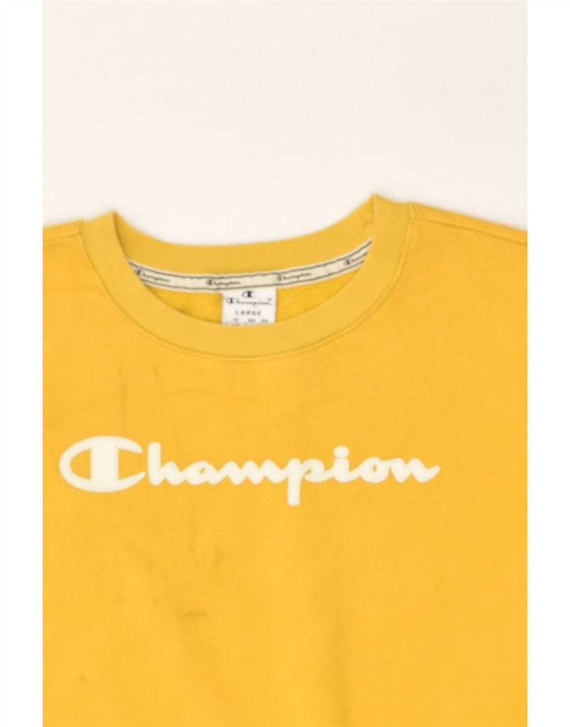 CHAMPION Womens Graphic Sweatshirt Jumper UK 16 Large Yellow Cotton | Vintage Champion | Thrift | Second-Hand Champion | Used Clothing | Messina Hembry 