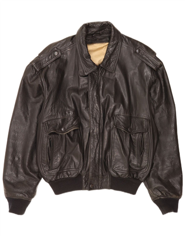 Vintage Mens Leather Military Jacket UK 40 Large Black