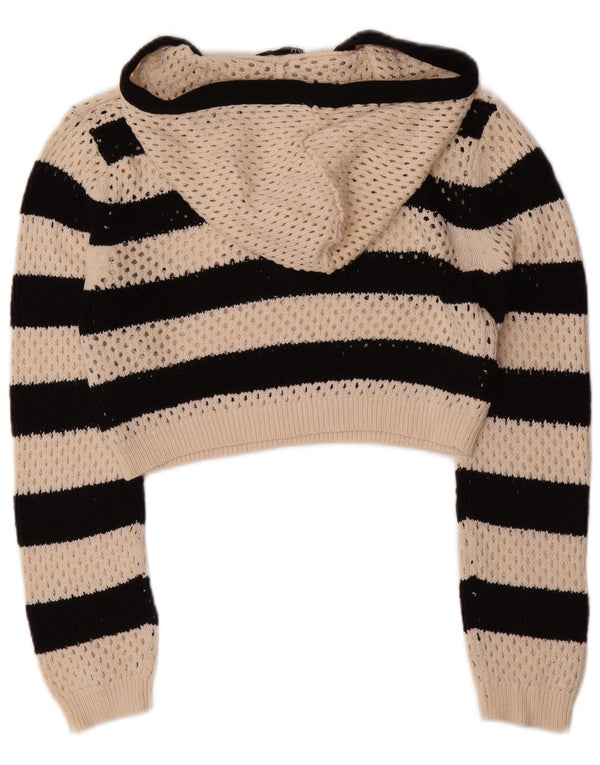 Zara Womens Hooded Crop V-Neck Jumper Sweater UK 10 Small Beige Striped