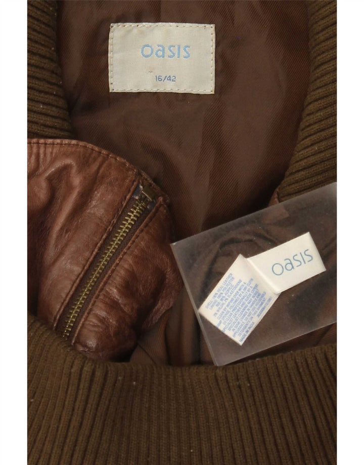 Oasis Womens Crop Leather Jacket UK 16 Large Brown Colourblock
