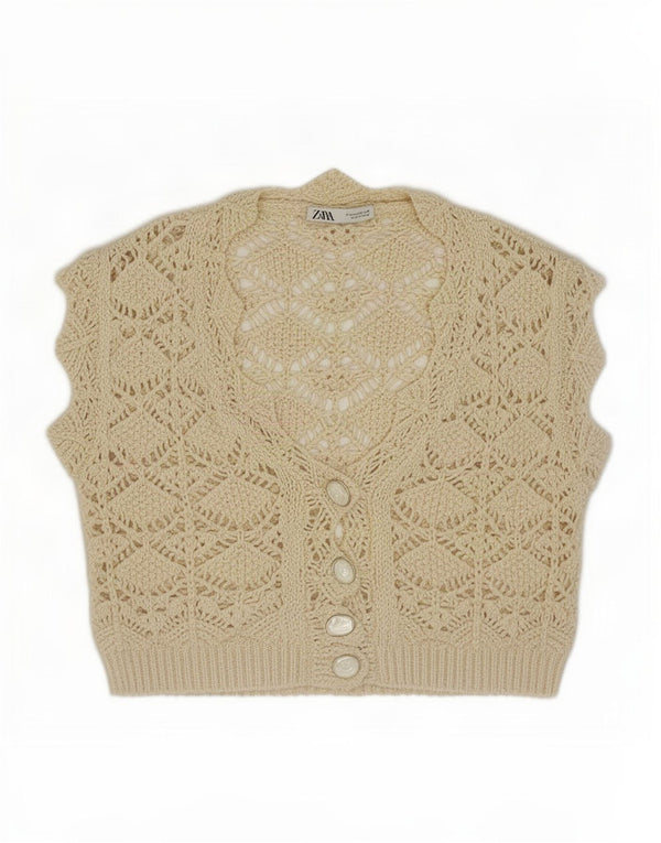 Zara Womens Crop Sleeveless See Through Cardigan Top UK 14 Medium Off White