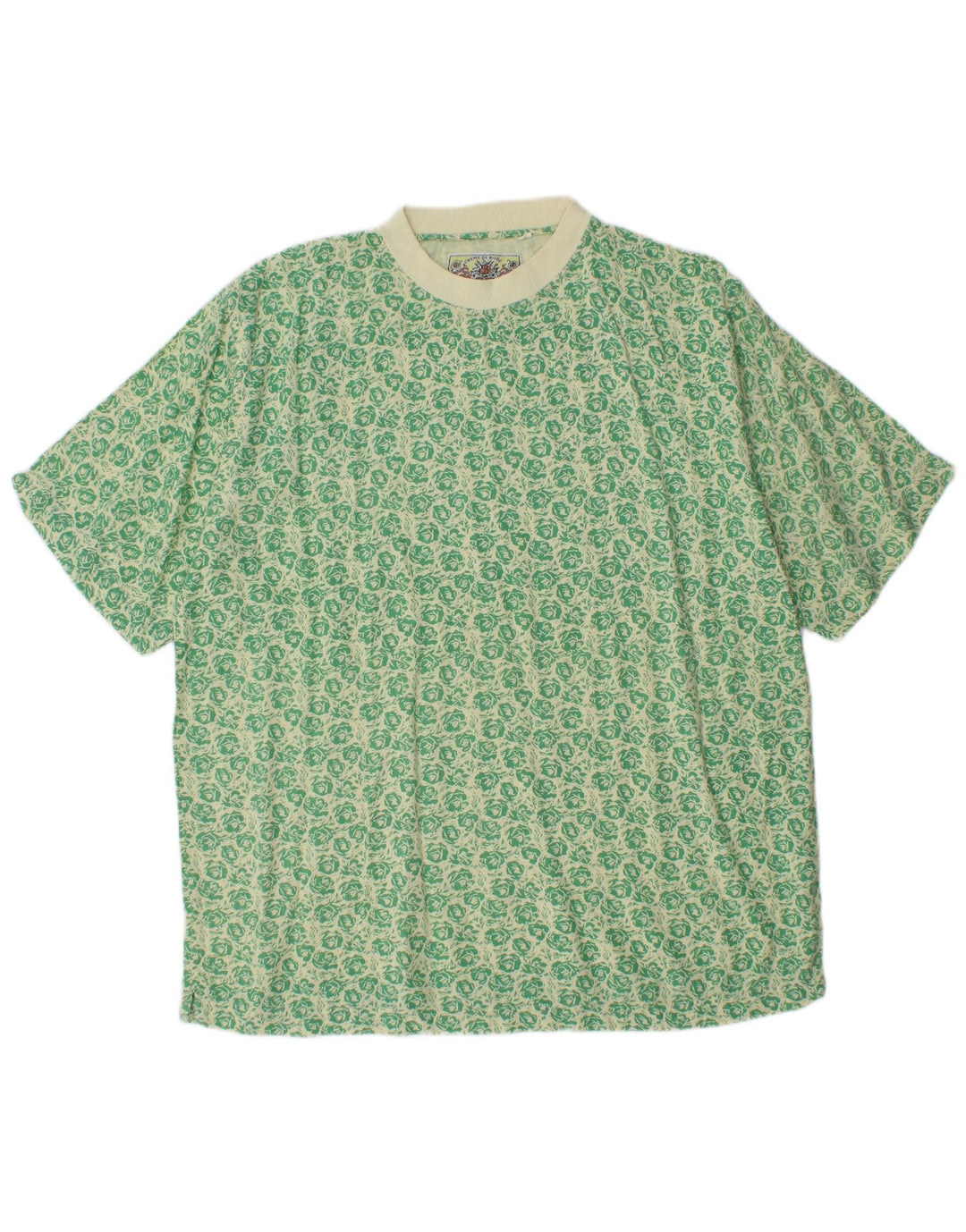 VINTAGE Mens T-Shirt Top Large Green Floral Viscose