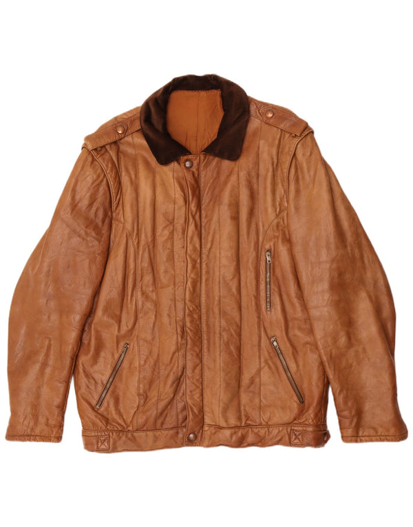 Vintage Mens Military Leather Jacket IT 54 2XL Brown Colourblock
