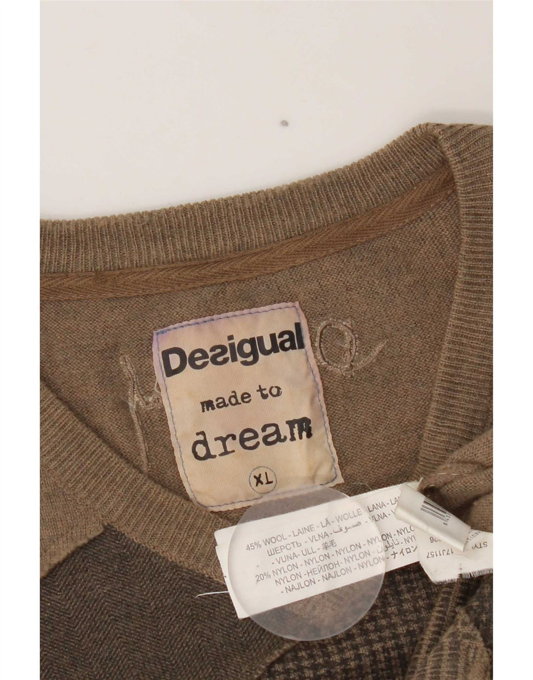Desigual Mens V-Neck Jumper Sweater XL Brown Patchwork Wool Modern