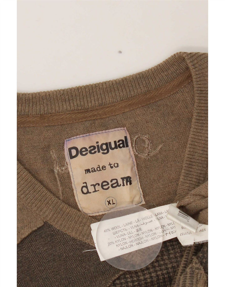 Desigual Mens V-Neck Jumper Sweater XL Brown Patchwork Wool Modern