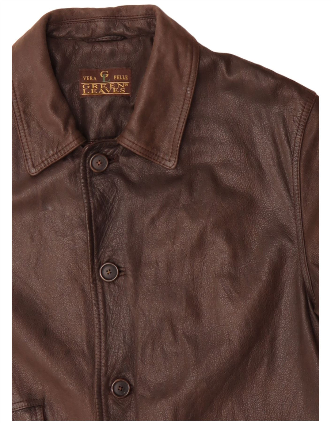 Green Leaves Mens Leather Coat UK 40 Large Brown Leather