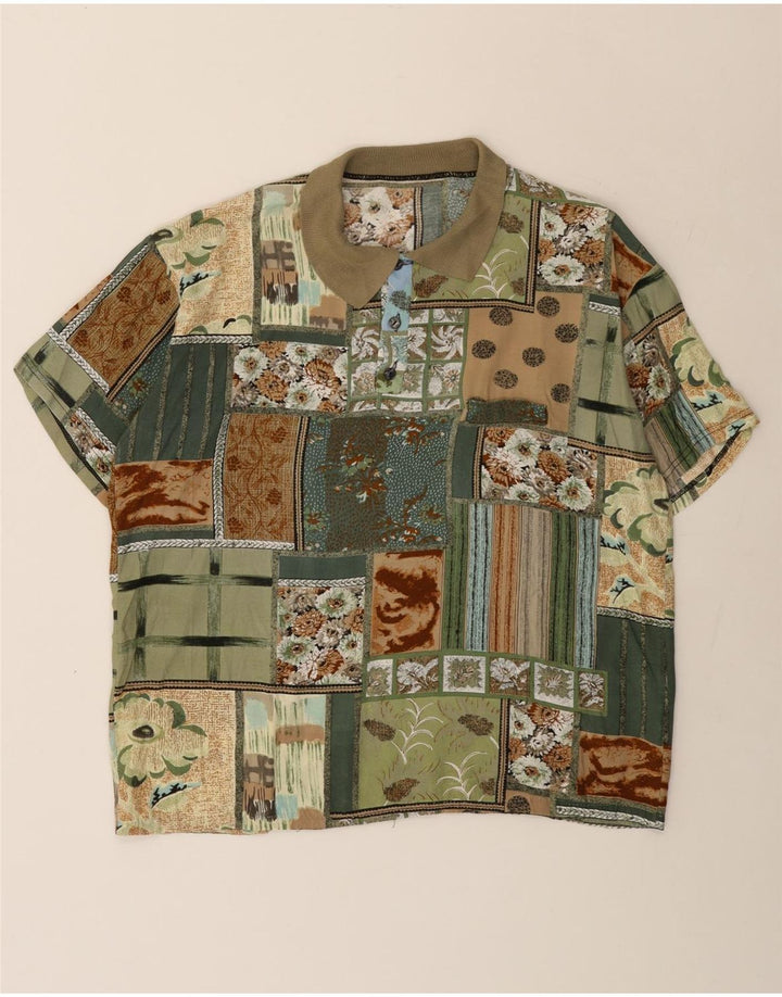 Vintage Mens Short Sleeve Pullover Shirt Medium Green Patchwork Viscose