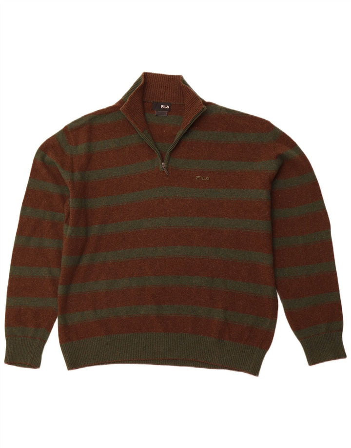 FILA Mens Zip Neck Jumper Sweater XL Brown Striped