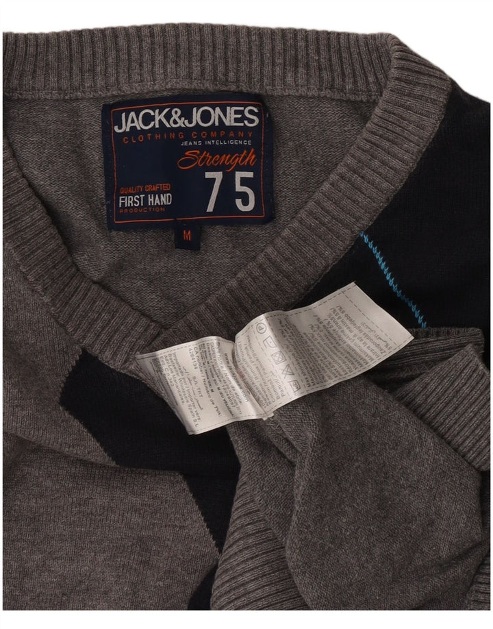 Jack & Jones Mens V-Neck Jumper Sweater Medium Grey Colourblock Cotton