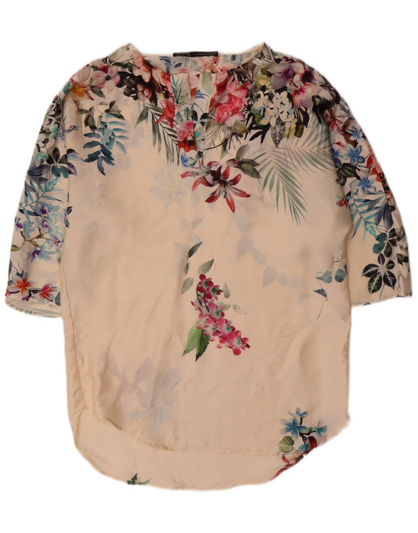 Zara Womens Oversized 3/4 Sleeve Tunic Top UK 10 Small Off White Floral