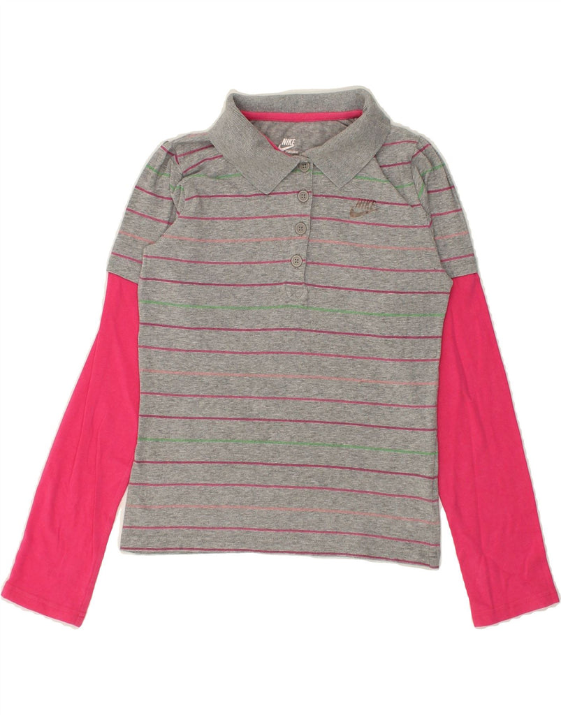 NIKE Girls Long Sleeve Polo Shirt 10-11 Years Medium Grey Colourblock | Vintage Nike | Thrift | Second-Hand Nike | Used Clothing | Messina Hembry 
