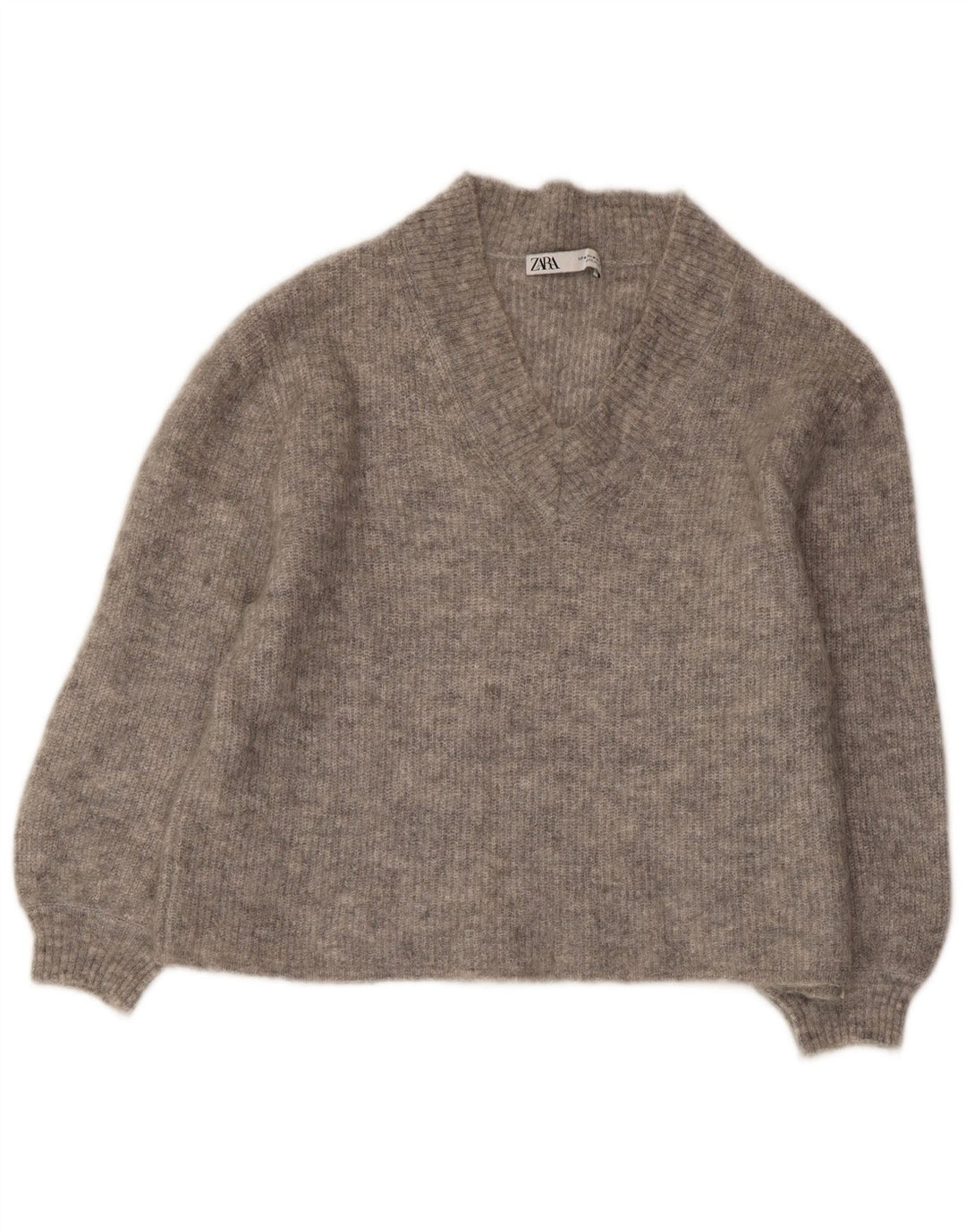ZARA Womens Crop V-Neck Jumper Sweater UK 14 Medium Grey Flecked