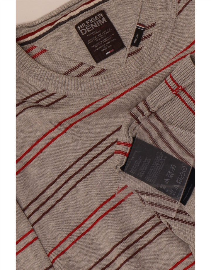 TOMMY HILFIGER Mens Crew Neck Jumper Sweater Medium Grey Striped Cotton
