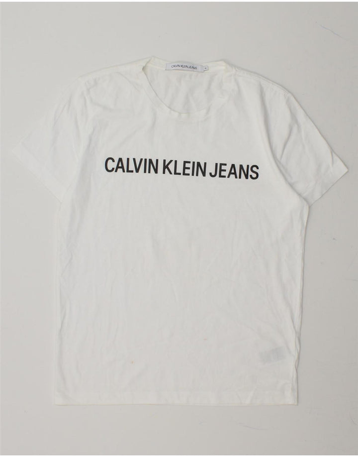 CALVIN KLEIN JEANS Mens Graphic T-Shirt Top Medium White Cotton Vintage Calvin Klein Jeans and Second-Hand Calvin Klein Jeans from Messina Hembry 