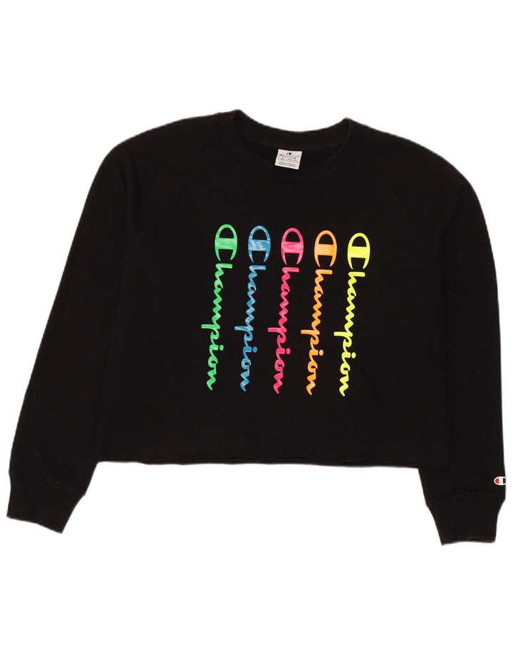 Champion Womens Crop Graphic Sweatshirt Jumper UK 14 Medium Black