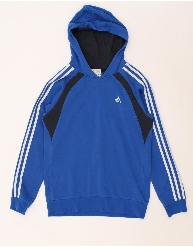 ADIDAS Boys Hoodie Jumper 13-14 Years Blue Colourblock Cotton Vintage Adidas and Second-Hand Adidas from Messina Hembry 