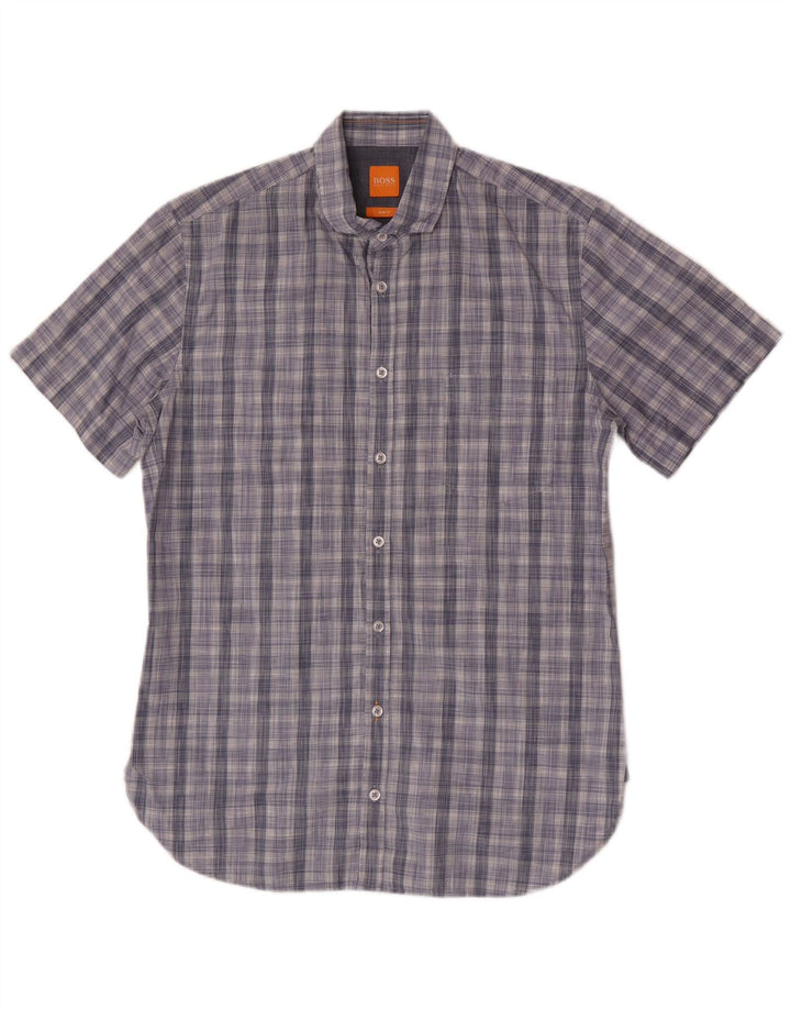 Hugo Boss Mens Short Sleeve Slim Fit Shirt Medium Blue Check Cotton
