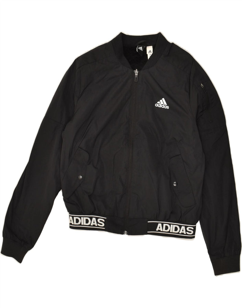 ADIDAS Womens Graphic Bomber Jacket UK 12 Medium Black Polyester | Vintage Adidas | Thrift | Second-Hand Adidas | Used Clothing | Messina Hembry 