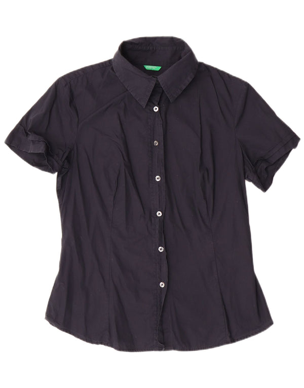 BENETTON Womens Short Sleeve Shirt UK 14 Large Navy Blue Cotton