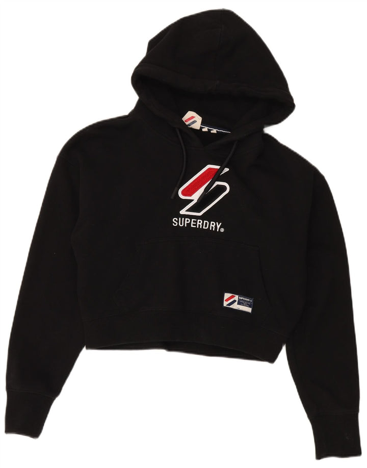 Superdry Womens Oversized Graphic Crop Hoodie Jumper UK 12 Medium Black