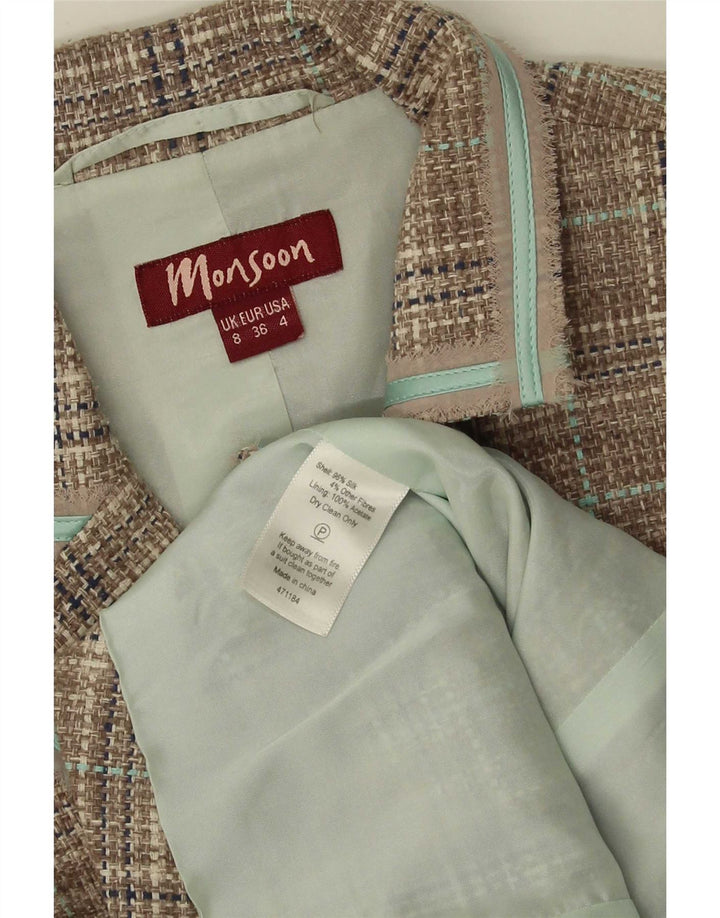 Monsoon Womens 3 Button Blazer Jacket UK 8 Small Green Check Silk