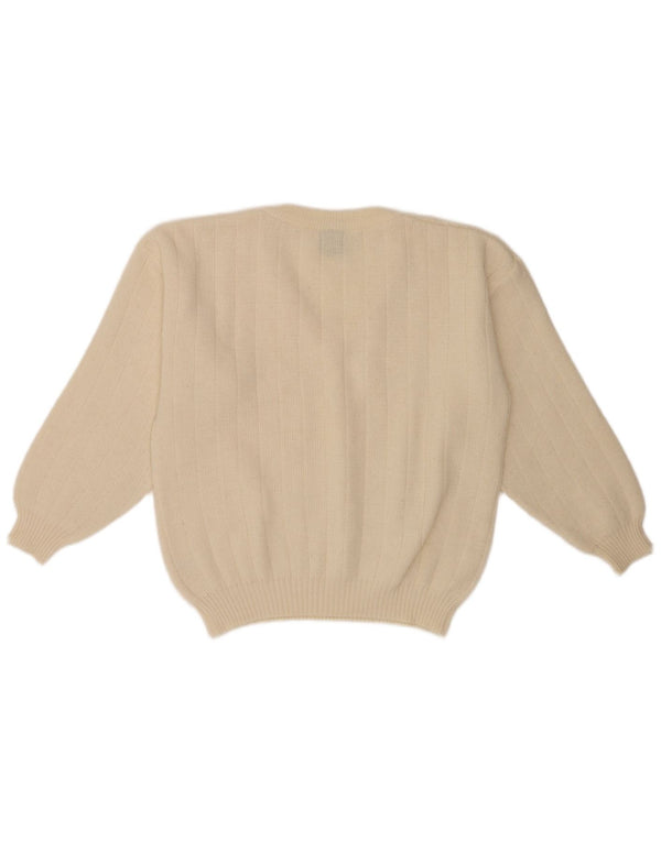 Vintage Mens Regular Fit V-Neck Jumper Sweater Medium Off White Classic