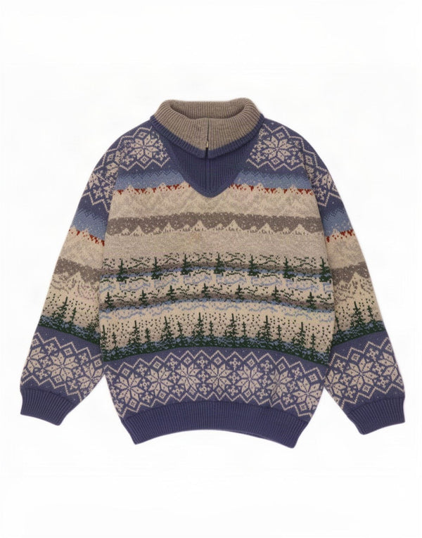 Vintage Mens Zip Neck Jumper Sweater Medium Multicoloured Fair Isle