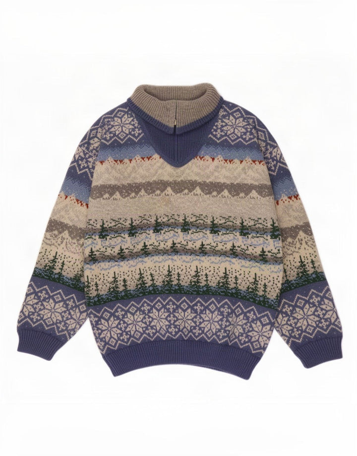 Vintage Mens Zip Neck Jumper Sweater Medium Multicoloured Fair Isle