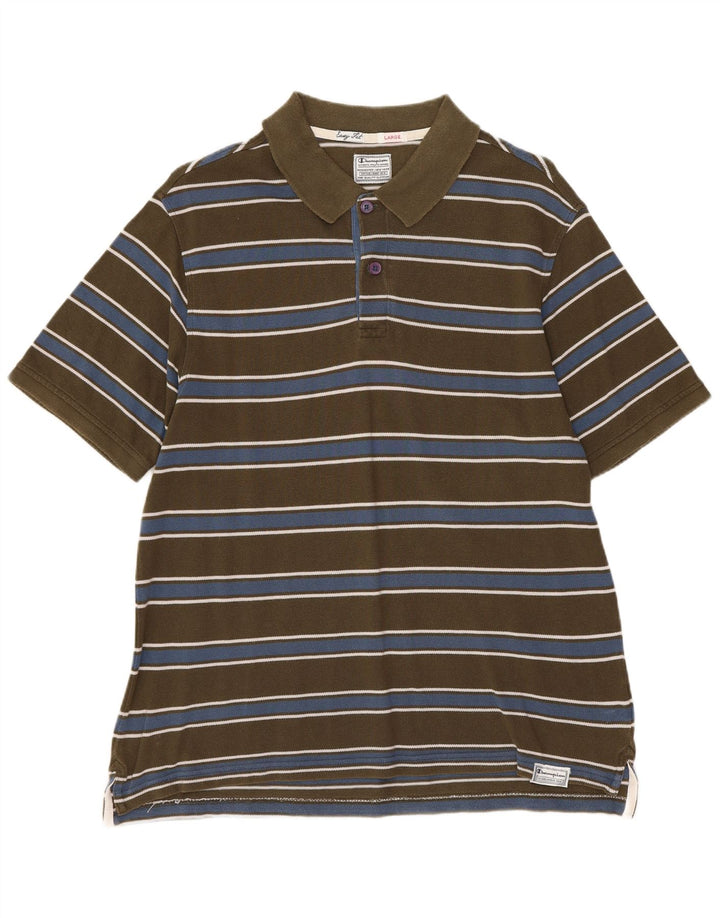 CHAMPION Mens Easy Fit Polo Shirt Large Khaki Striped