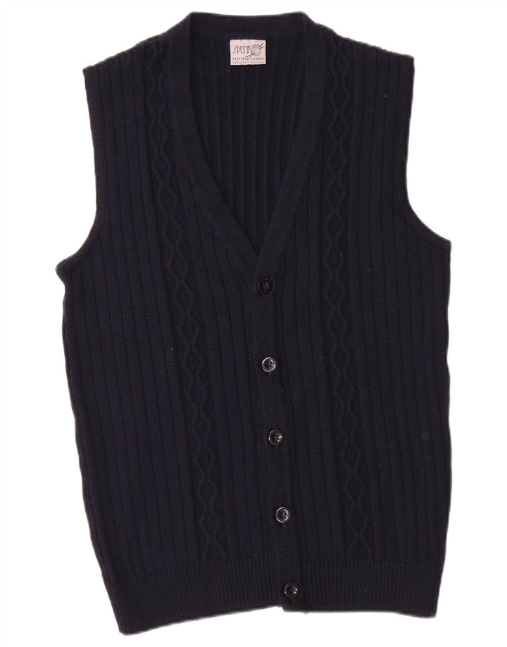 Vintage Mens Sleeveless Cardigan Sweater Small Navy Blue