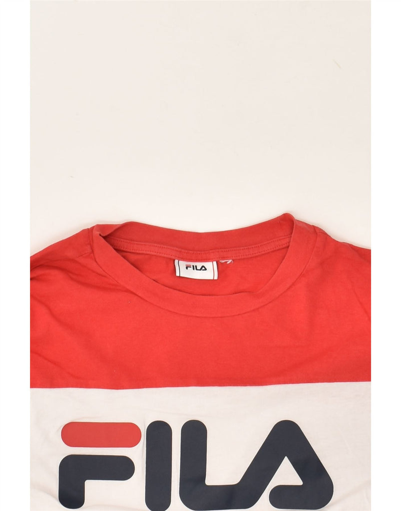 FILA Womens Crop Graphic T-Shirt Top UK 10 Small Navy Blue Colourblock | Vintage Fila | Thrift | Second-Hand Fila | Used Clothing | Messina Hembry 