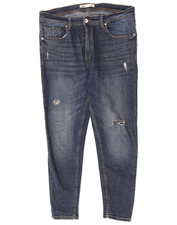 Zara Mens Distressed Cropped Skinny Jeans EU 44 Large W34 L26 Blue Cotton