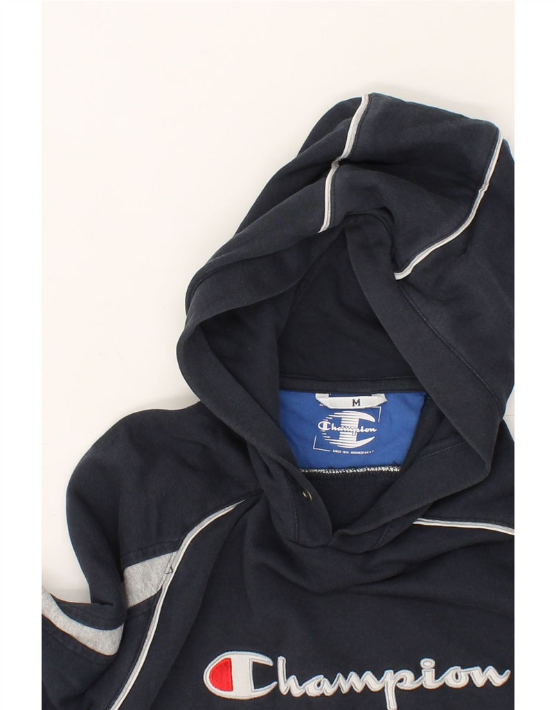 CHAMPION Mens Graphic Hoodie Jumper Medium Navy Blue Colourblock Cotton | Vintage Champion | Thrift | Second-Hand Champion | Used Clothing | Messina Hembry 