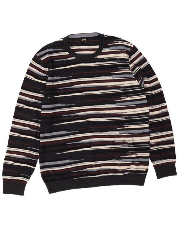 Hugo Boss Mens Crew Neck Jumper Sweater 2XL Navy Blue Striped Cotton