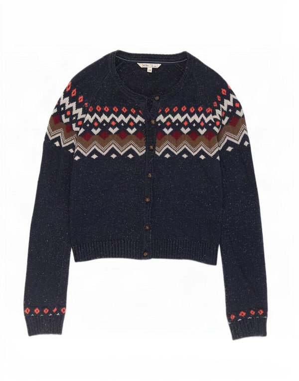 Fat Face Womens Cardigan Sweater UK 12 Medium Navy Blue Fair Isle Cotton