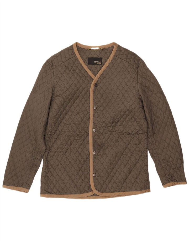 Zara Mens Quilted Jacket UK 38 Medium Khaki Nylon