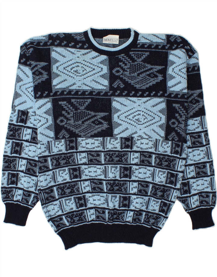 MONELLO Mens Crew Neck Jumper Sweater IT 52 Large Blue Fair Isle Cotton Vintage Monello and Second-Hand Monello from Messina Hembry 