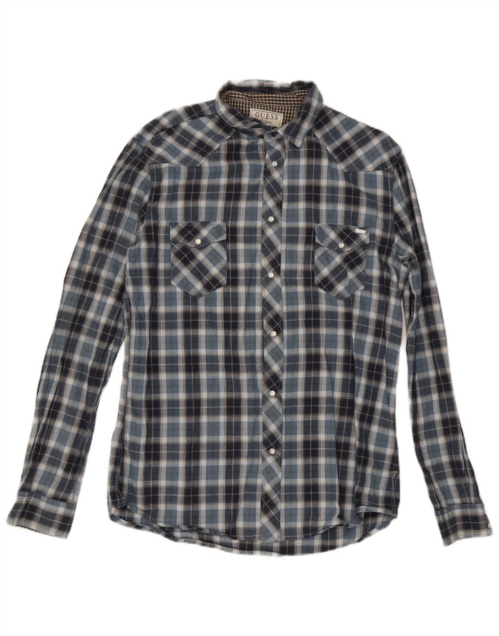 Guess Mens Flannel Shirt UK 42 Large Blue Check Cotton