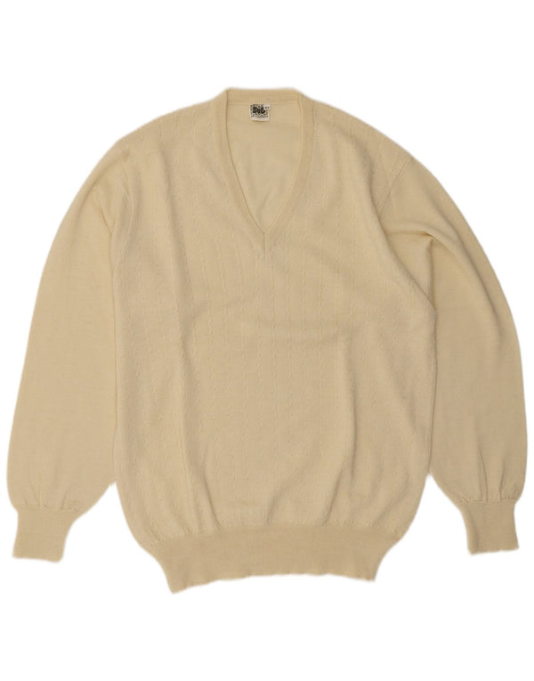 Vintage Mens V-Neck Jumper Sweater IT 52 Large Beige Wool