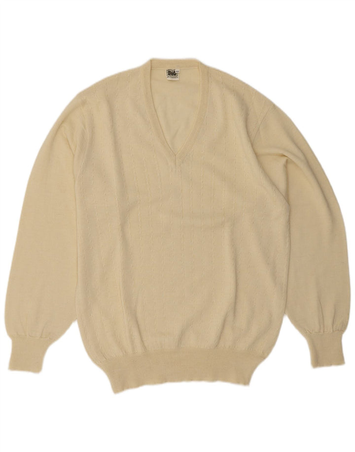 Vintage Mens V-Neck Jumper Sweater IT 52 Large Beige Wool