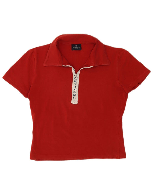 Trussardi Womens Graphic Crop Polo Shirt UK 12 Medium Red Colourblock