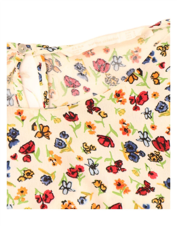 ZARA Womens 3/4 Sleeve Blouse Top UK 10 Small Off White Floral Viscose