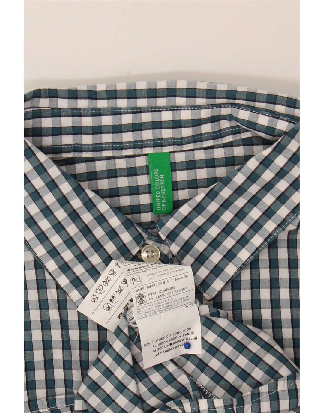 Benetton Womens Shirt UK 12 Medium Green Gingham Cotton