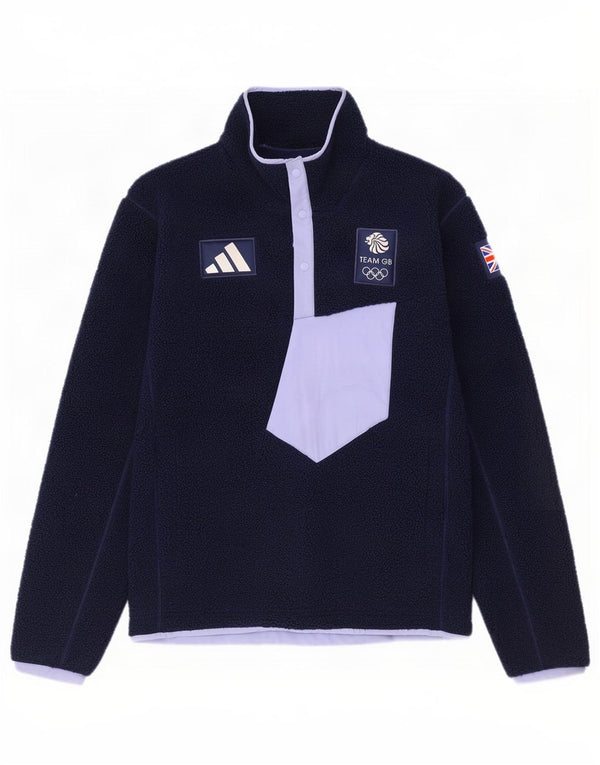 Adidas Mens Team GB Button Neck Fleece Jumper Medium Navy Blue Colourblock