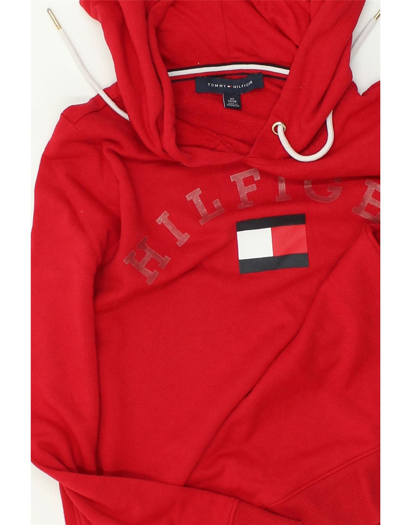 TOMMY HILFIGER Womens Graphic Hoodie Jumper UK 6 XS Red | Vintage Tommy Hilfiger | Thrift | Second-Hand Tommy Hilfiger | Used Clothing | Messina Hembry 