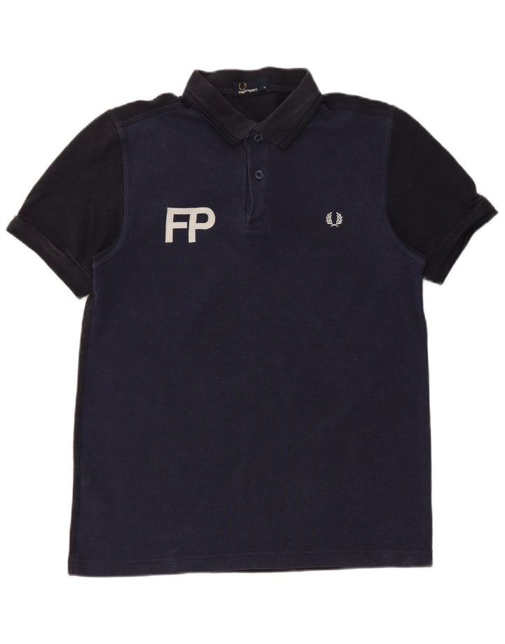 Fred Perry Mens Graphic Polo Shirt Medium Navy Blue Colourblock Cotton
